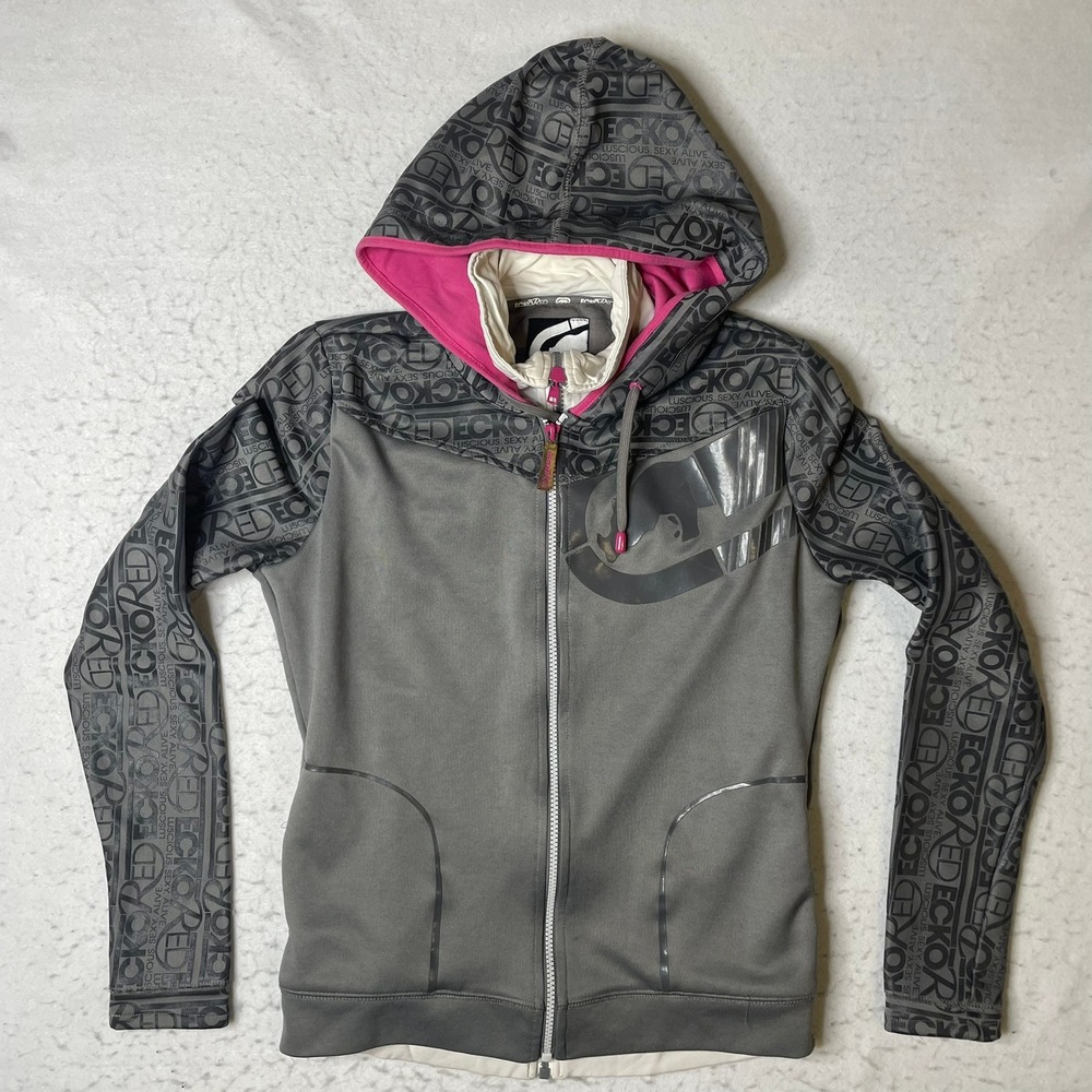 Ecko Red Zip Up Hoodie Womens Medium Gray Logo Print Y2K Athleisure